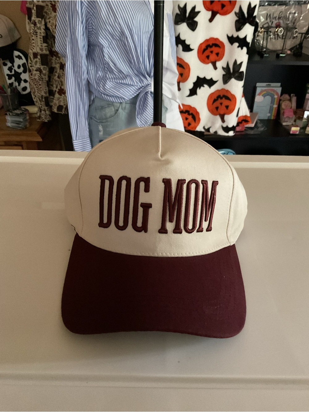 Dog Mom Baseball Cap - Cream and Burgundy